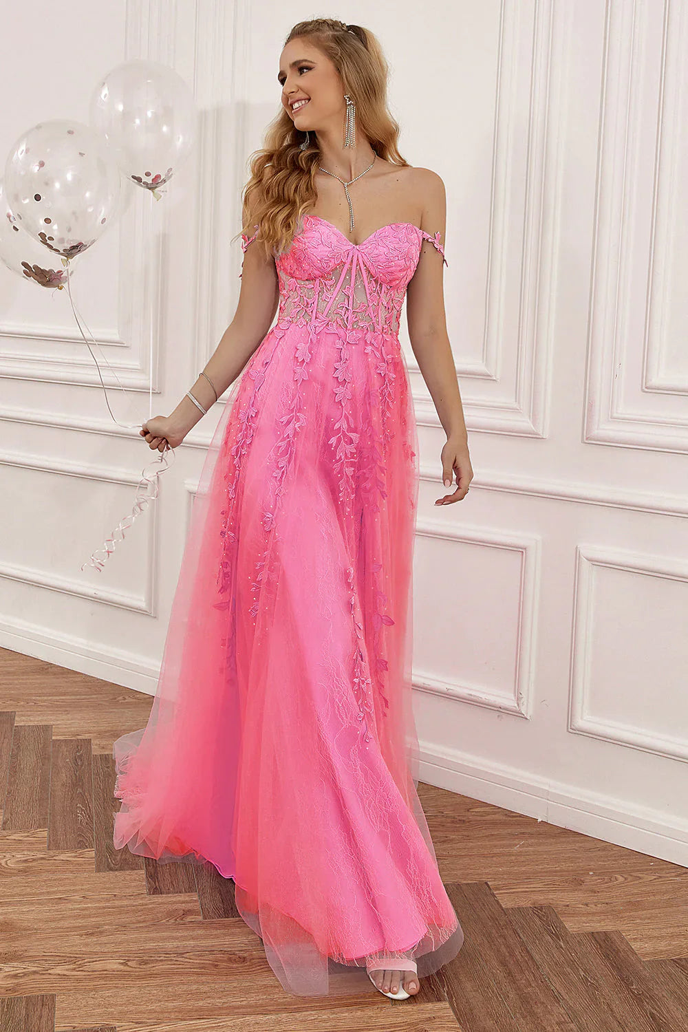 A-Line Spaghetti Straps Sweep Train Prom Dress With Appliques