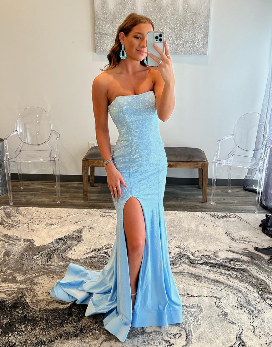 Sexy Tight Strapless Light Blue Long Prom Dress