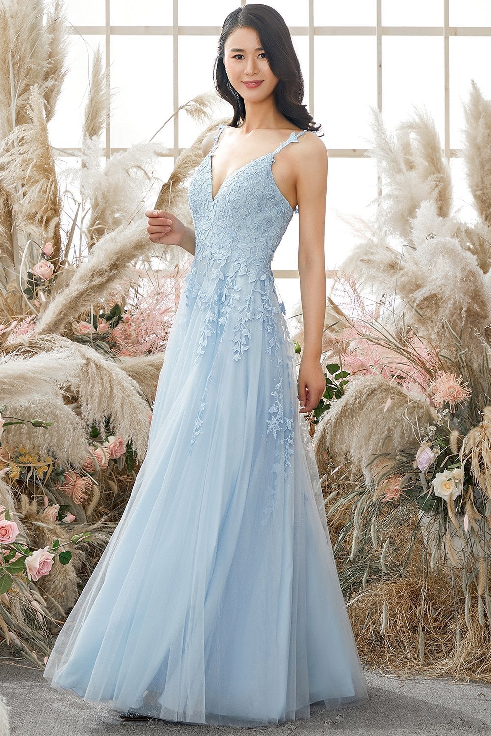 A-Line Double Straps Lace Up Long Prom Dress With Appliques