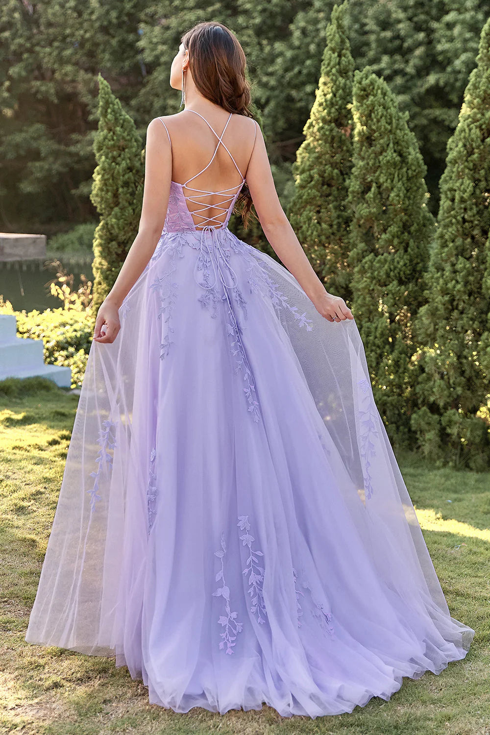 A-Line Double Straps Lace Up Long Prom Dress With Appliques