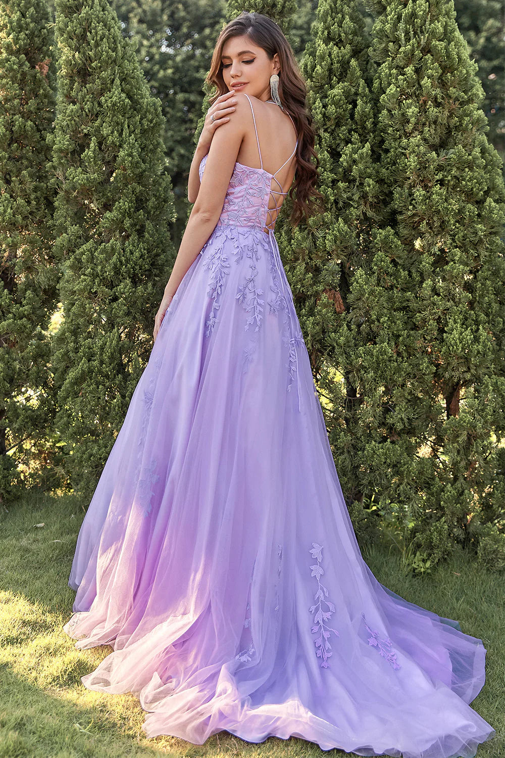A-Line Double Straps Lace Up Long Prom Dress With Appliques