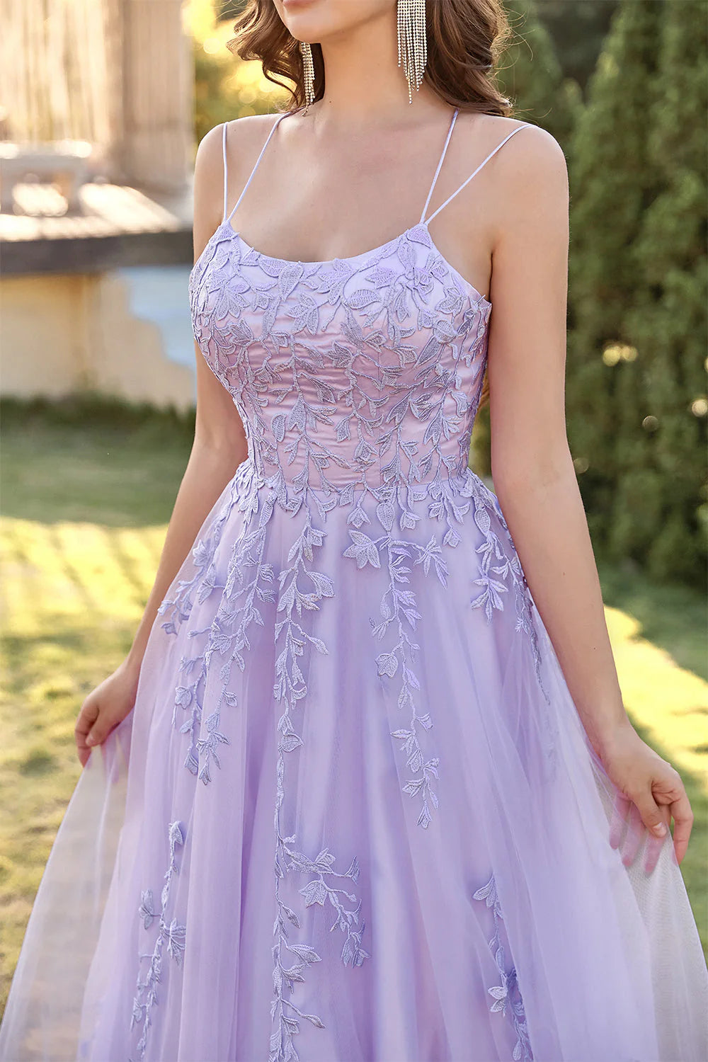 A-Line Double Straps Lace Up Long Prom Dress With Appliques