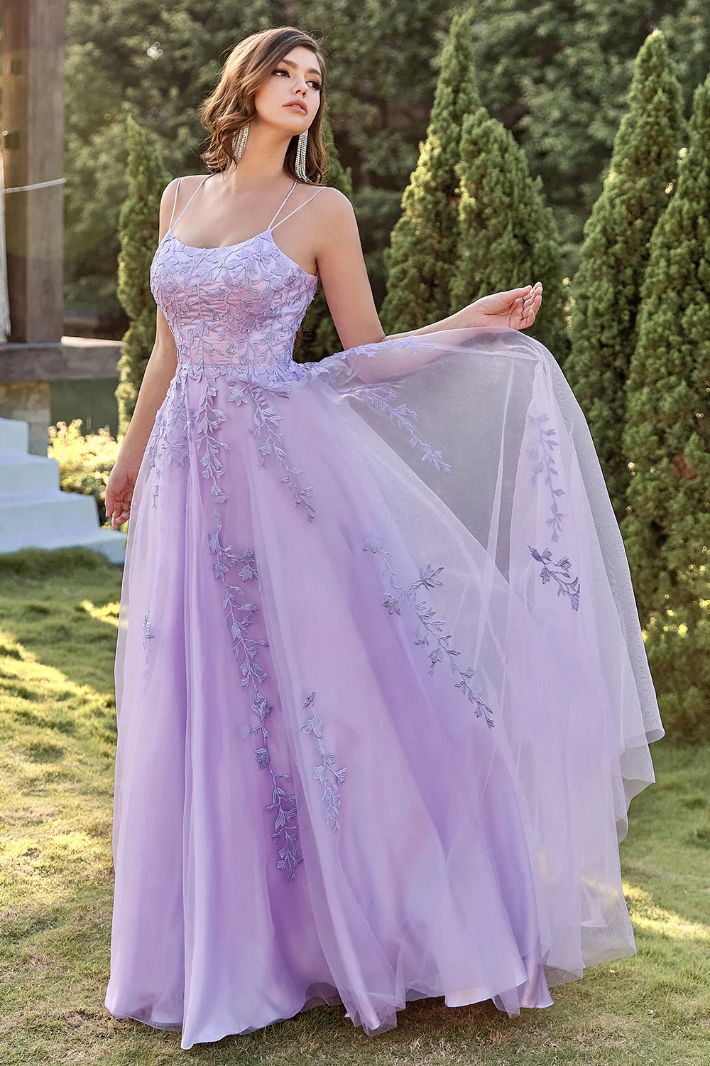 A-Line Double Straps Lace Up Long Prom Dress With Appliques
