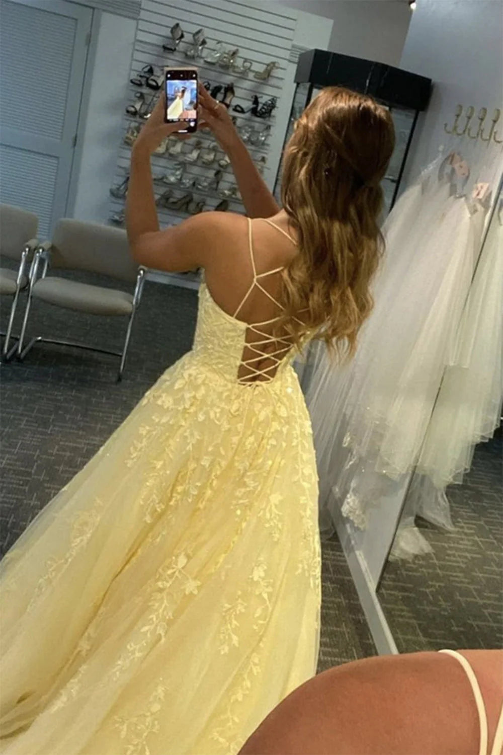 A-Line Double Straps Lace Up Long Prom Dress With Appliques