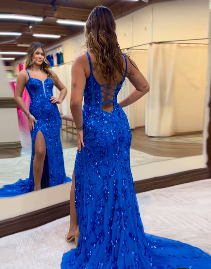 Sparkly Royal Blue Sheath Corset Back Prom Dress With Beading And Sequin