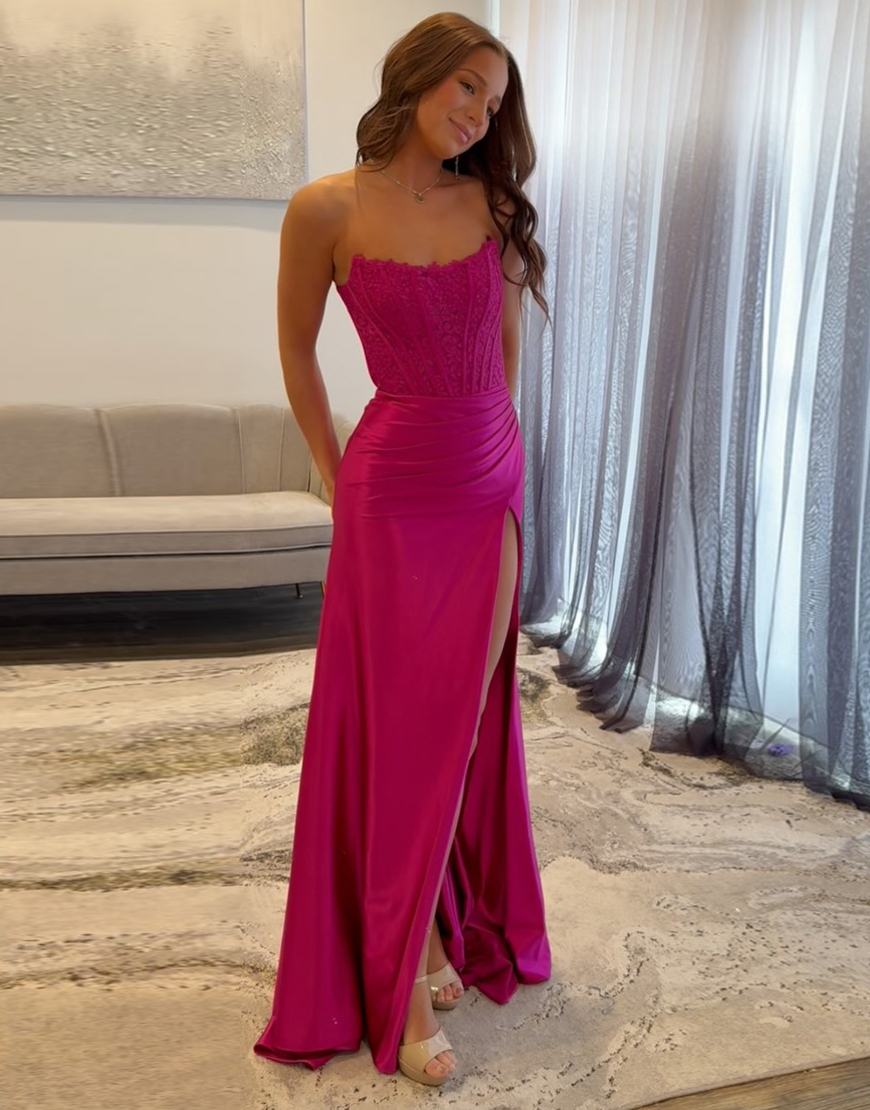 Sexy Fuchsia Strapless Long Prom Dress With Split