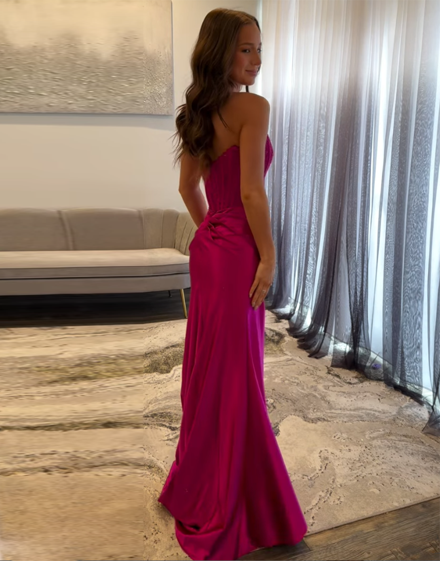 Sexy Fuchsia Strapless Long Prom Dress With Split