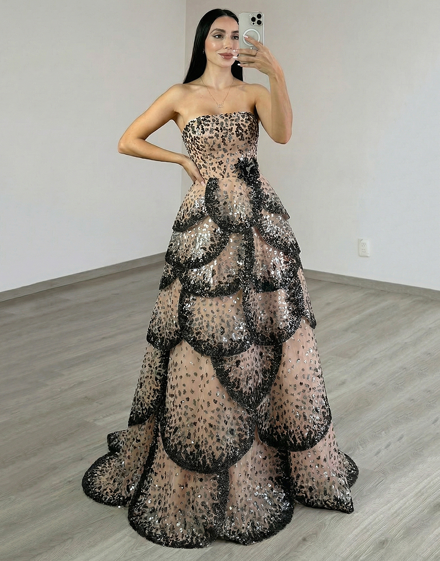 Sparkly Black Apricot Ruffled Strapless A Line Long Prom Dress with Sequin