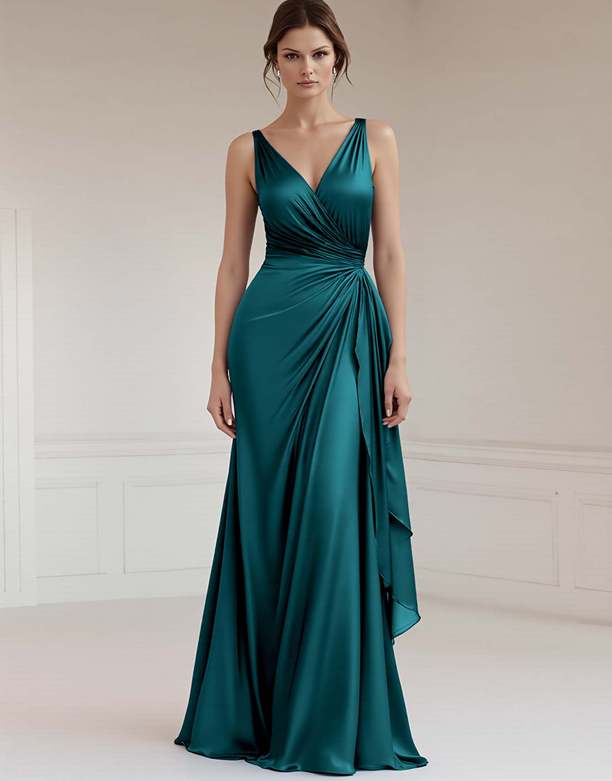 Peacock Sheath Sleeveless Satin Long Formal Dress with Ruffles