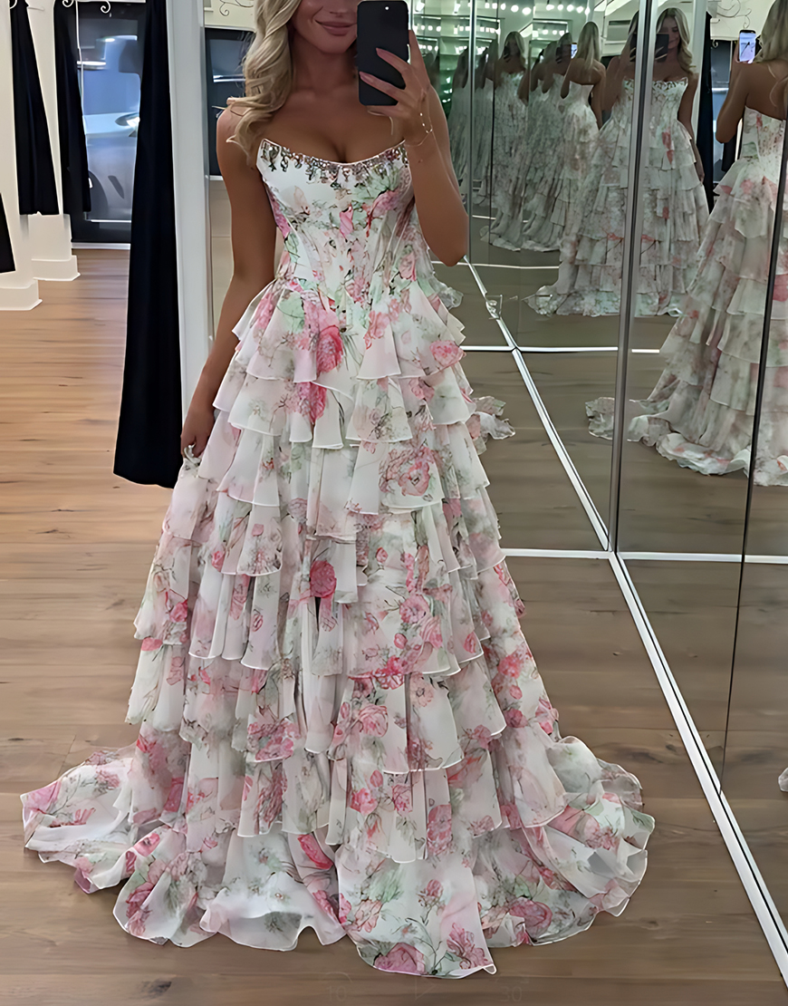 Sparkly Blue Floral Ruffled Long Corset Prom Dress with Slit