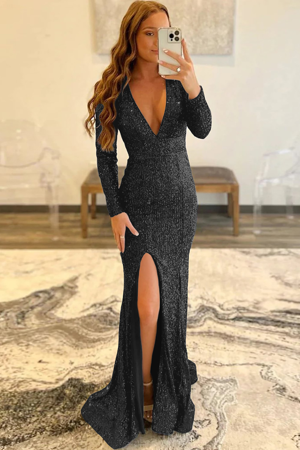 Mermaid Glitter Navy Sequins Mesh Evening Dress Backless Prom Dress