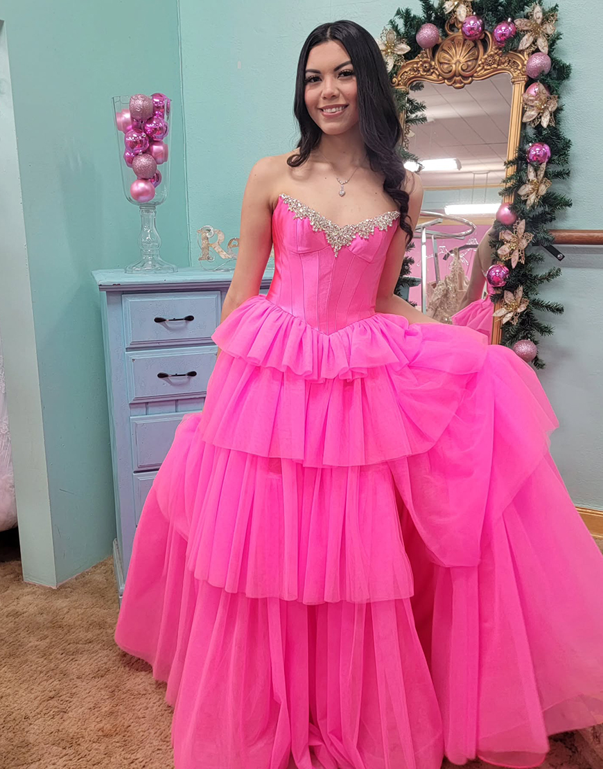 Sparkly Fuchsia A-Line Corset Ruffles Rhinestones Long Prom Dress with Slit