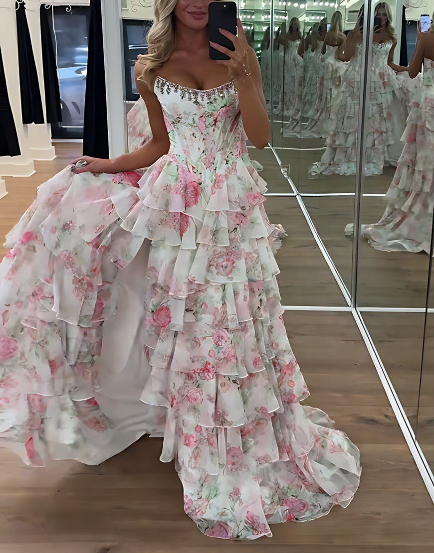 Sparkly Blue Floral Ruffled Long Corset Prom Dress with Slit