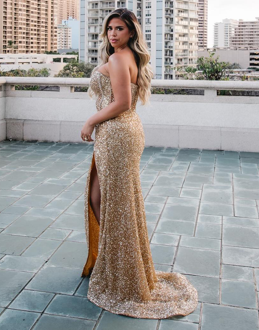 Sparkly Blue Mermaid Strapless Corset Sequins Long Prom Dress with Slit