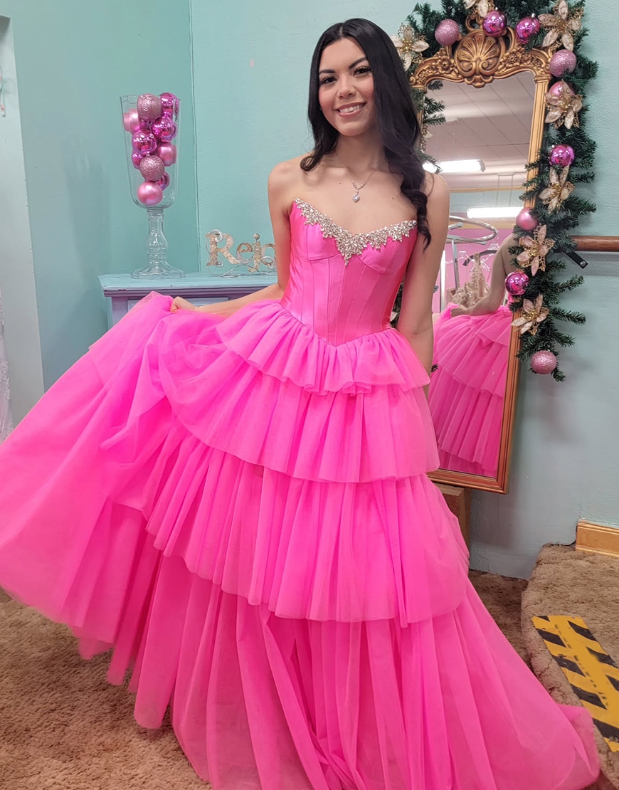 Sparkly Fuchsia A-Line Corset Ruffles Rhinestones Long Prom Dress with Slit