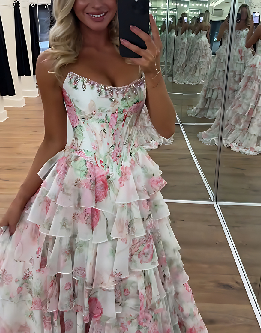 Sparkly Blue Floral Ruffled Long Corset Prom Dress with Slit