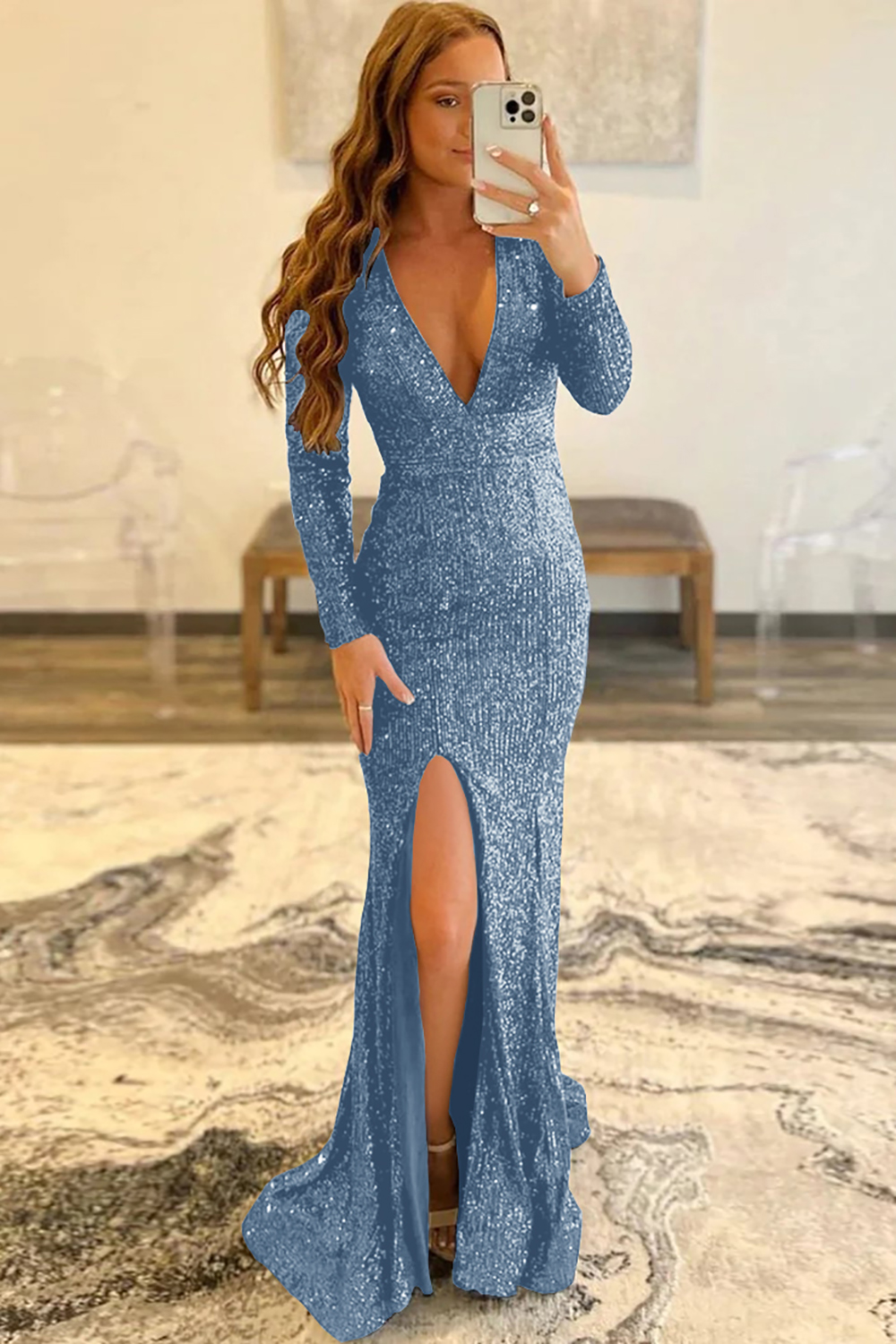 Mermaid Glitter Navy Sequins Mesh Evening Dress Backless Prom Dress