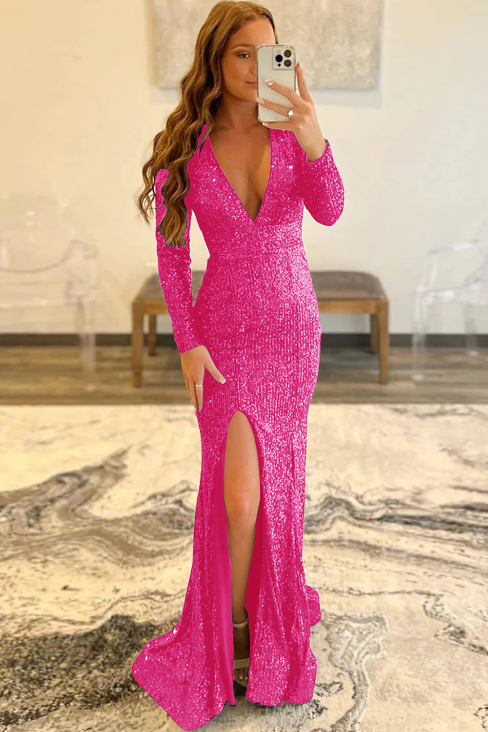 Mermaid Glitter Navy Sequins Mesh Evening Dress Backless Prom Dress