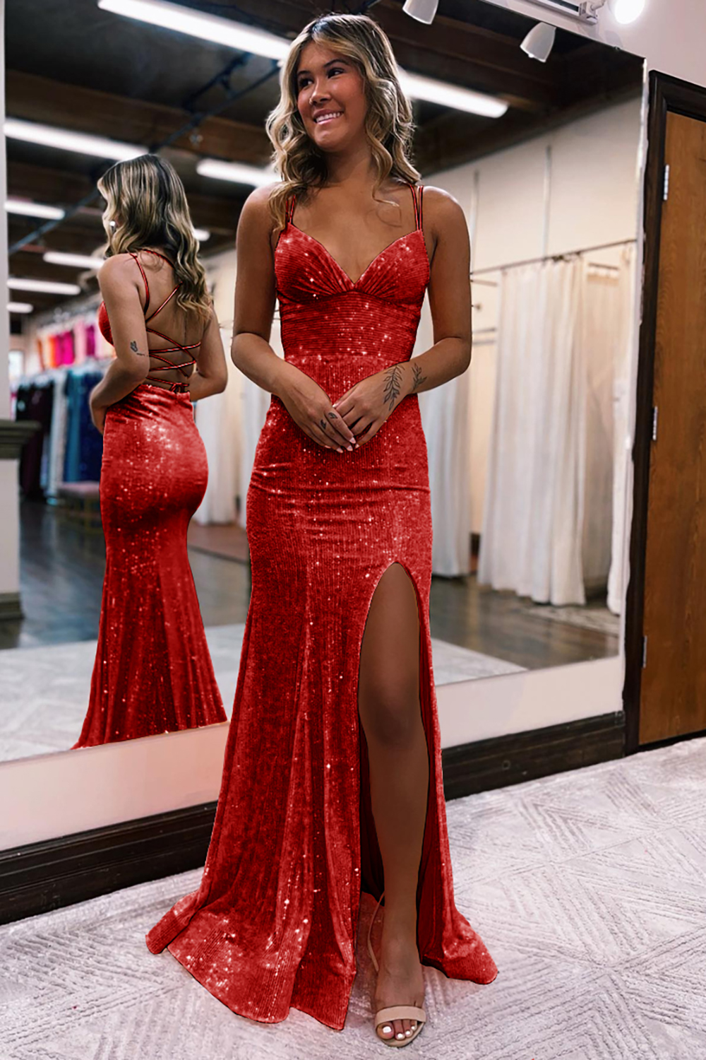 Berlinnova Women Sparkly Red Long Prom Dress Mermaid Spaghetti Straps Sequins Pageant Dress with Slit