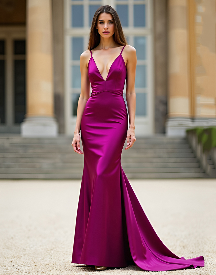 Mermaid Dark Purple Spaghetti Straps Satin Long Prom Dress