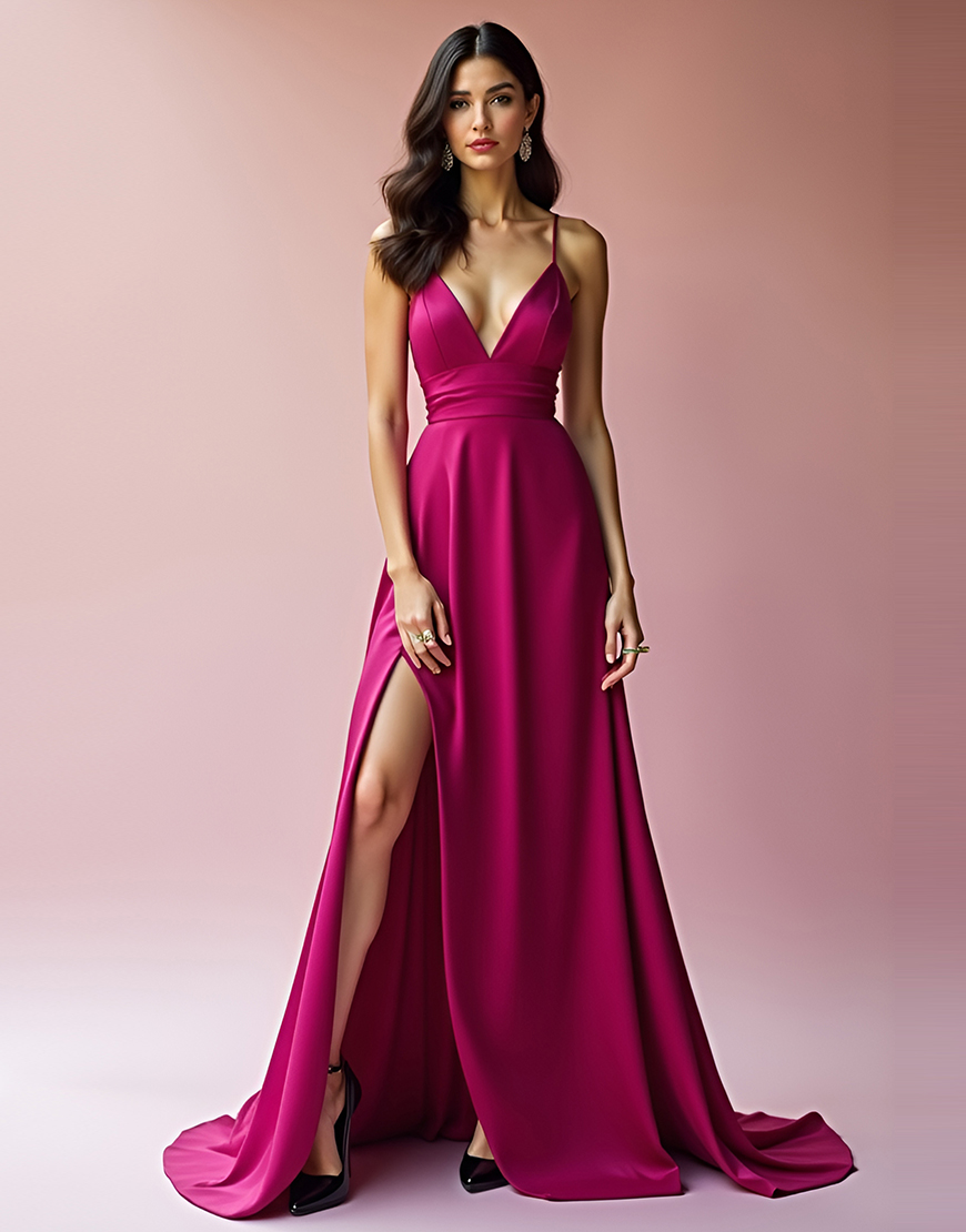 Satin Fuchsia A Line Spaghetti Straps Long Prom Dress with Slit