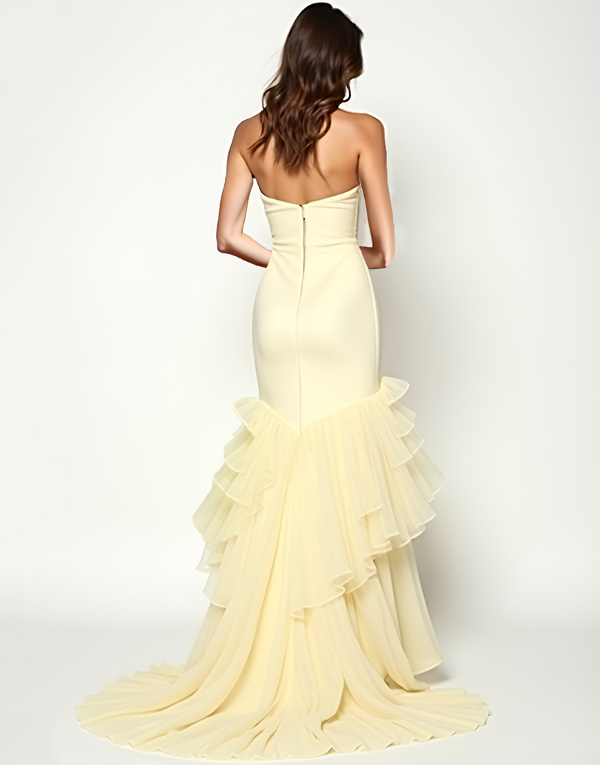 Yellow Strapless Sheath Long Prom Dress with Ruffles