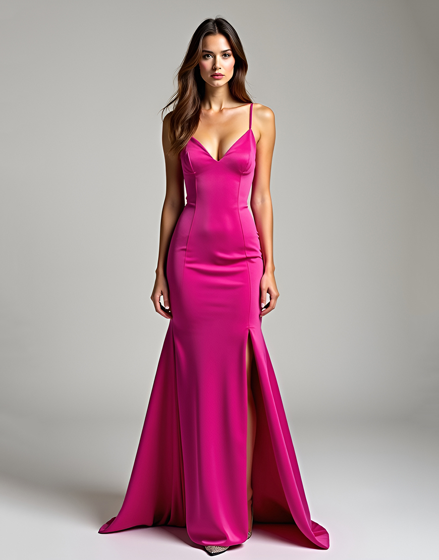 Spaghetti Straps Satin Fuchsia Sheath Long Prom Dress with Slit
