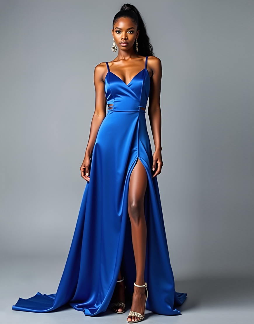 Royal Blue A Line Spaghetti Straps Satin Long Prom Dress with Slit