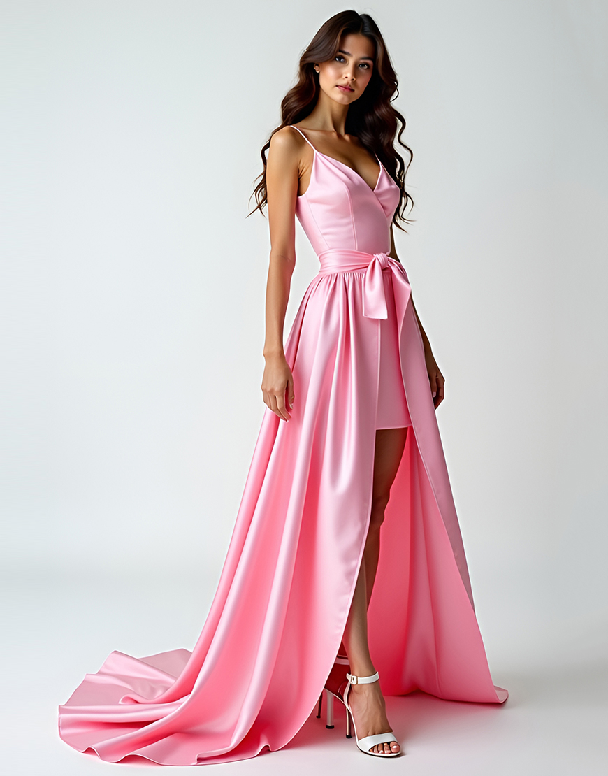 Pink A Line Spaghetti Straps High-Low Asymmetrical Prom Dress