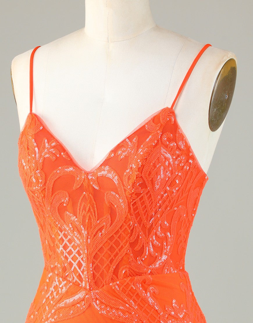 Orange Spaghetti Straps Zipper Back Short Homecoming Dress With Sequin
