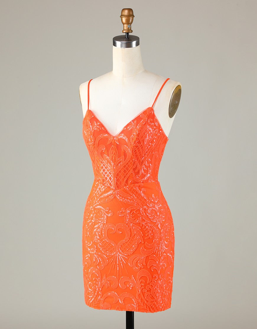 Orange Spaghetti Straps Zipper Back Short Homecoming Dress With Sequin