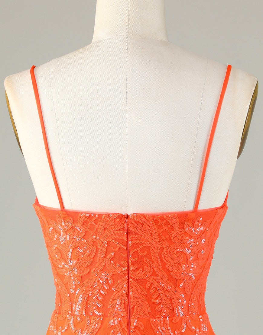 Orange Spaghetti Straps Zipper Back Short Homecoming Dress With Sequin