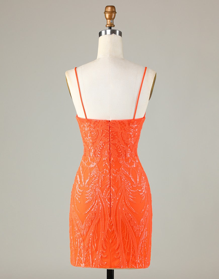 Orange Spaghetti Straps Zipper Back Short Homecoming Dress With Sequin