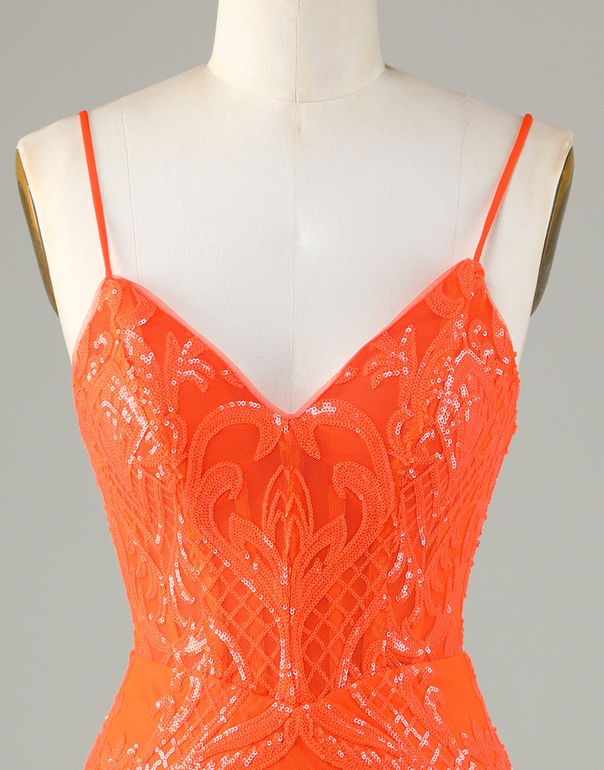 Orange Spaghetti Straps Zipper Back Short Homecoming Dress With Sequin