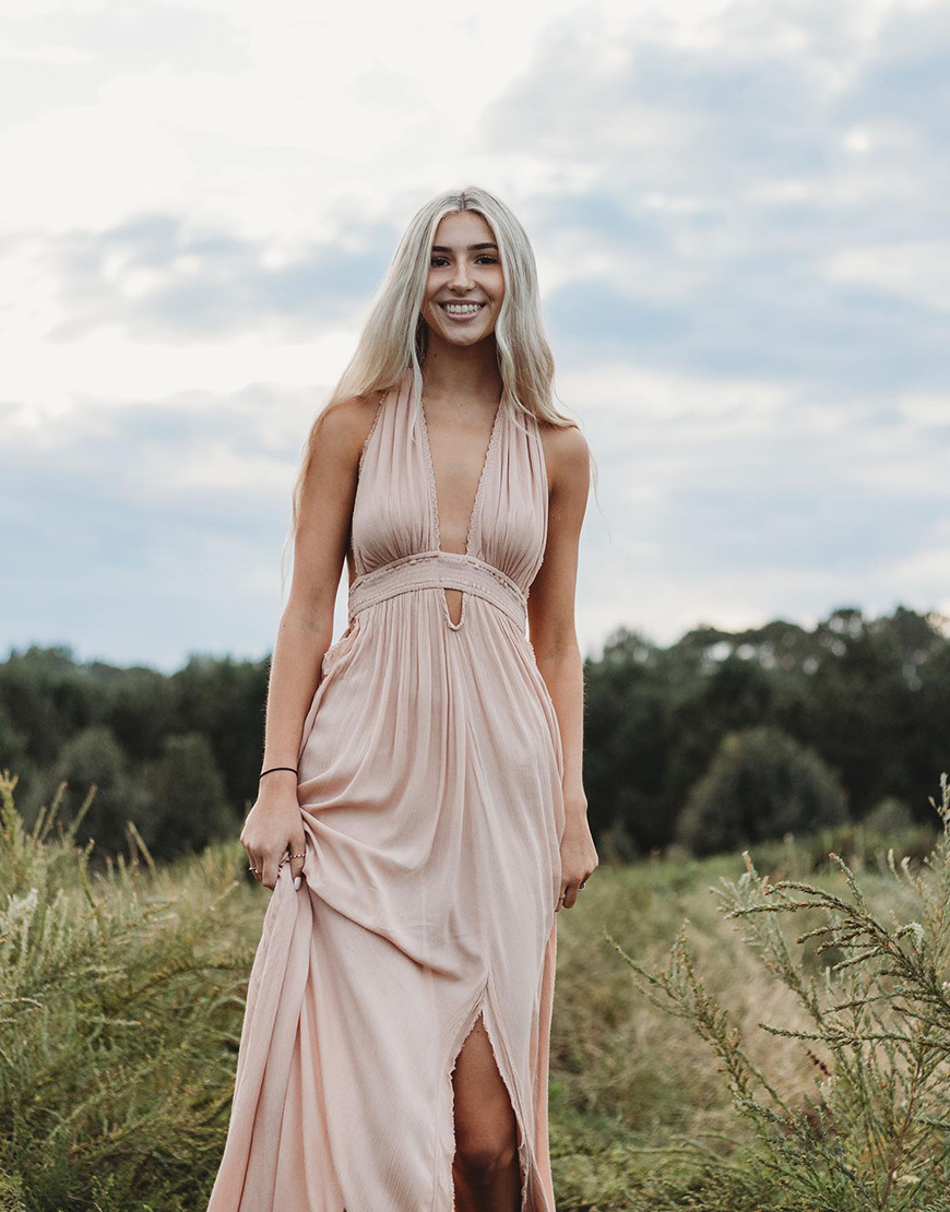 Light Pink Sheath Halter Maxi Dress with Slit
