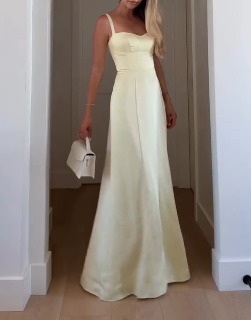 Berlinnova Women Yellow Satin Corset Maxi Dress Thick Straps Sheath Lace Up Back Prom Dress