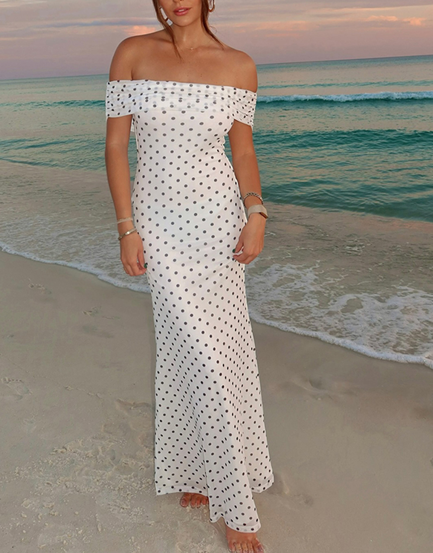 Black and White Dots Sheath Off the Shoulder Maxi Dress