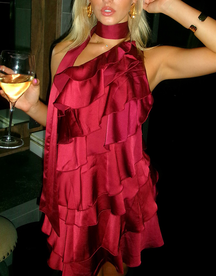 Burgundy One Shoulder Bodycon Neck Scarf Mini Dress with Ruffles
