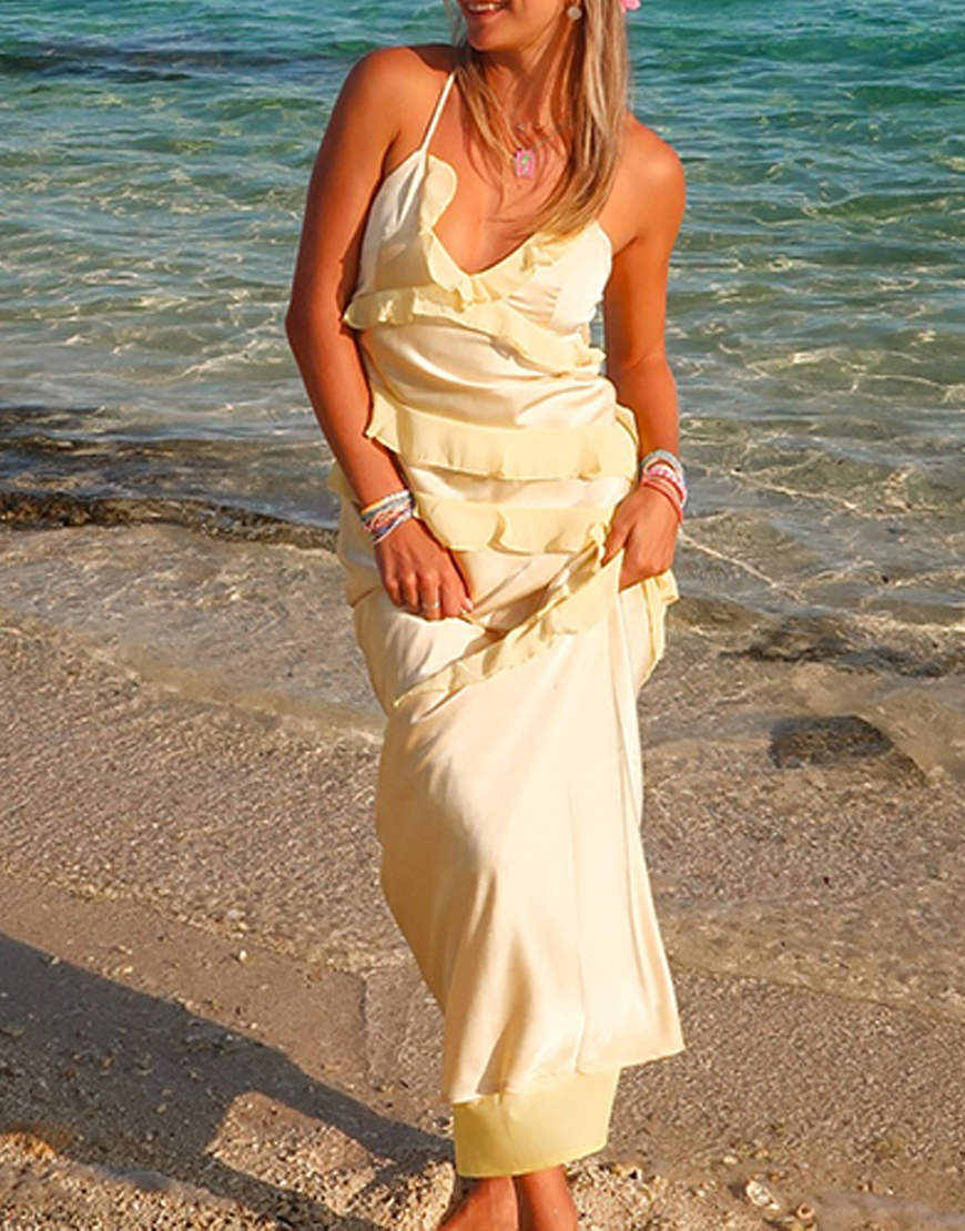 Yellow Spaghetti Straps Sheath Maxi Dress with Ruffles