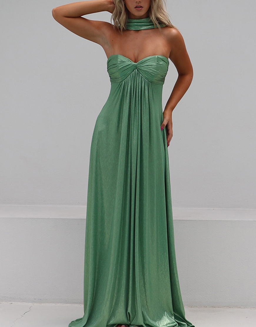 Sage A Line Sweetheart Neck Scarf Maxi Dress