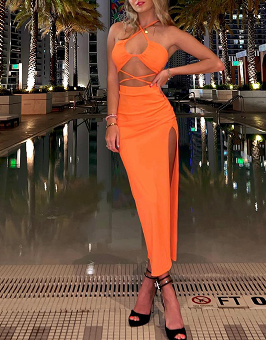 Orange Sheath Halter Cut Out Maxi Dress with Slit