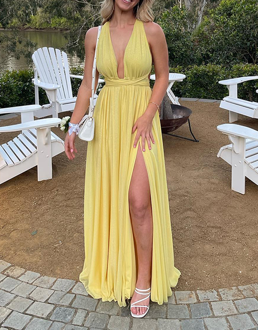 Yellow A Line V-Neck Pleated Maxi Dress with Slit