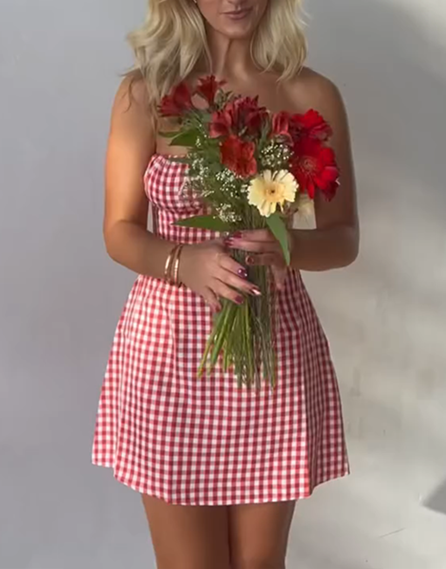 Red A Line Plaid Strapless Mini Dress