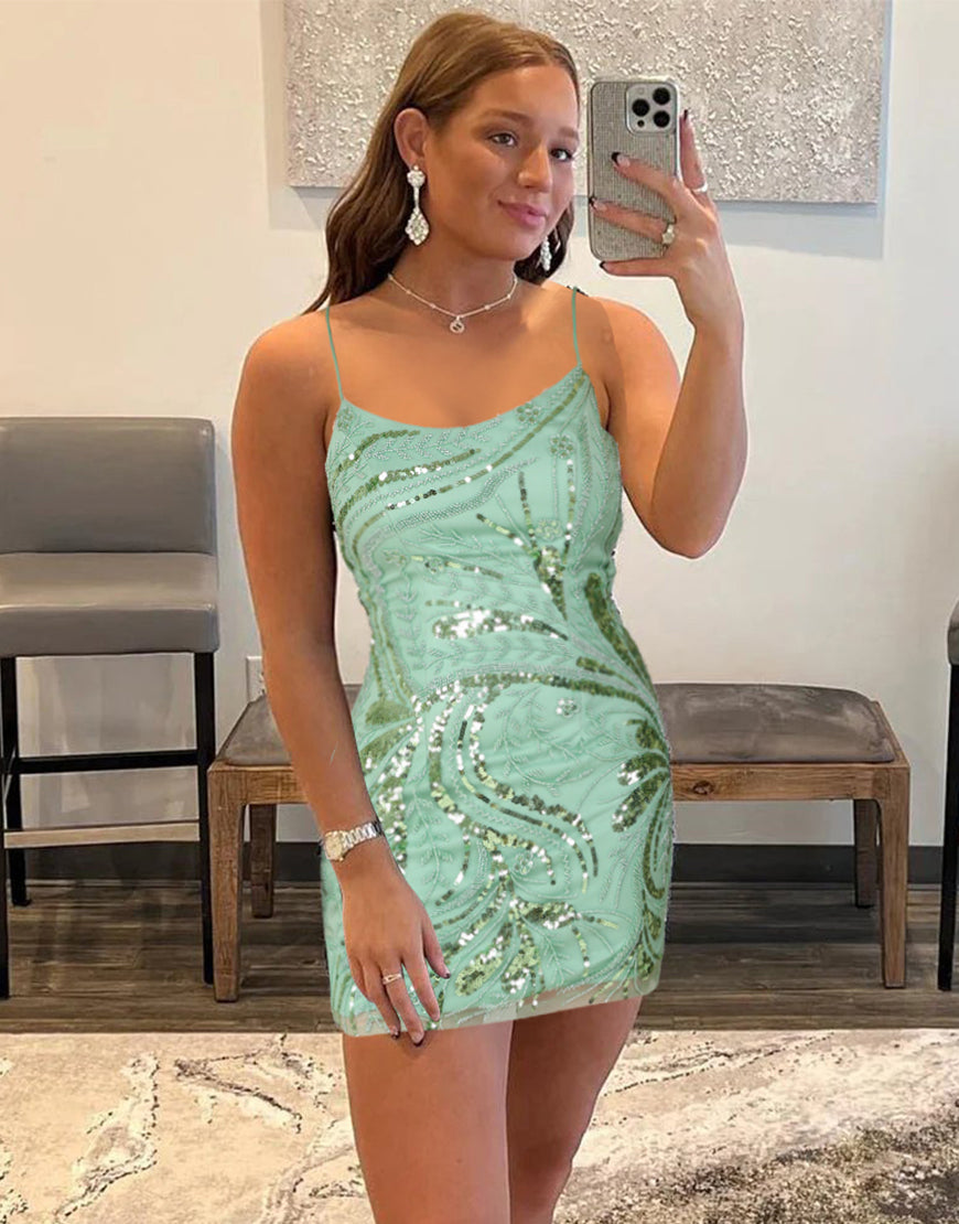 Green Bodycon Lace Up Sequined Short Homecoming Party Dress