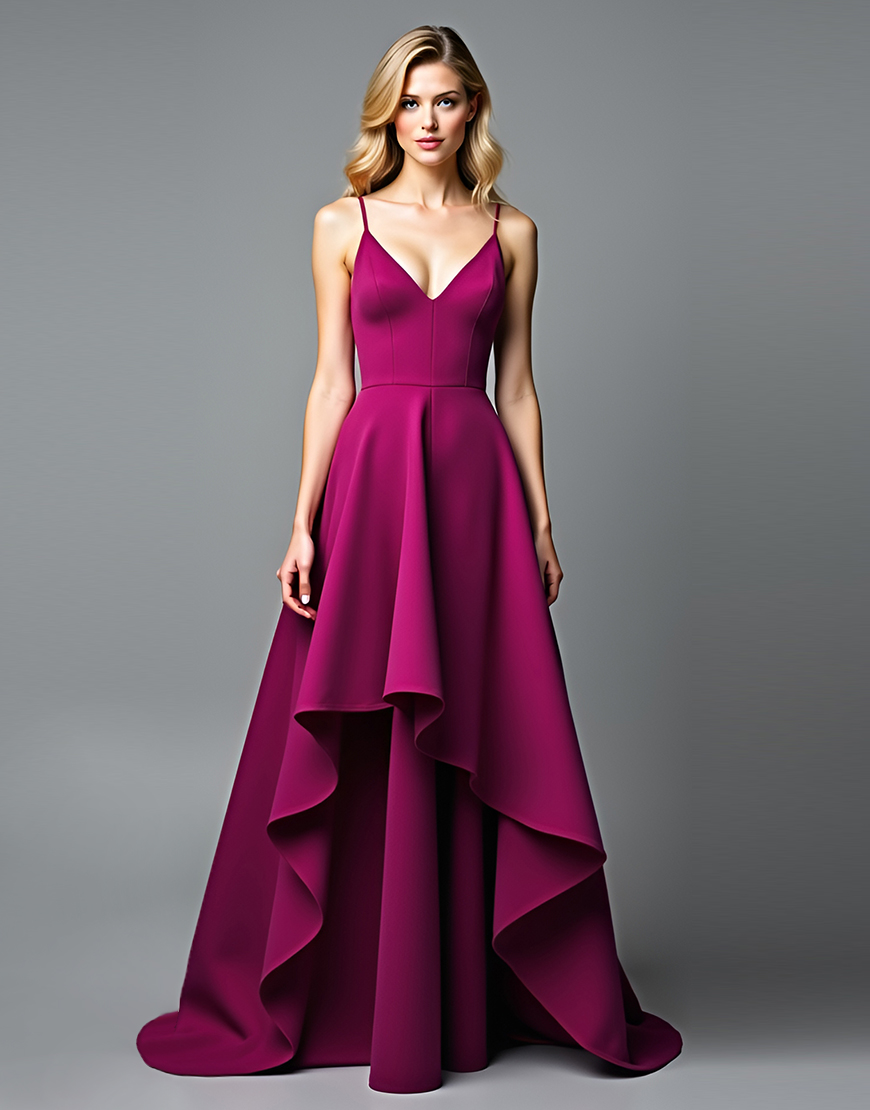 A Line Dark Purple Spaghetti Straps Satin Long Formal Dress with Ruffles