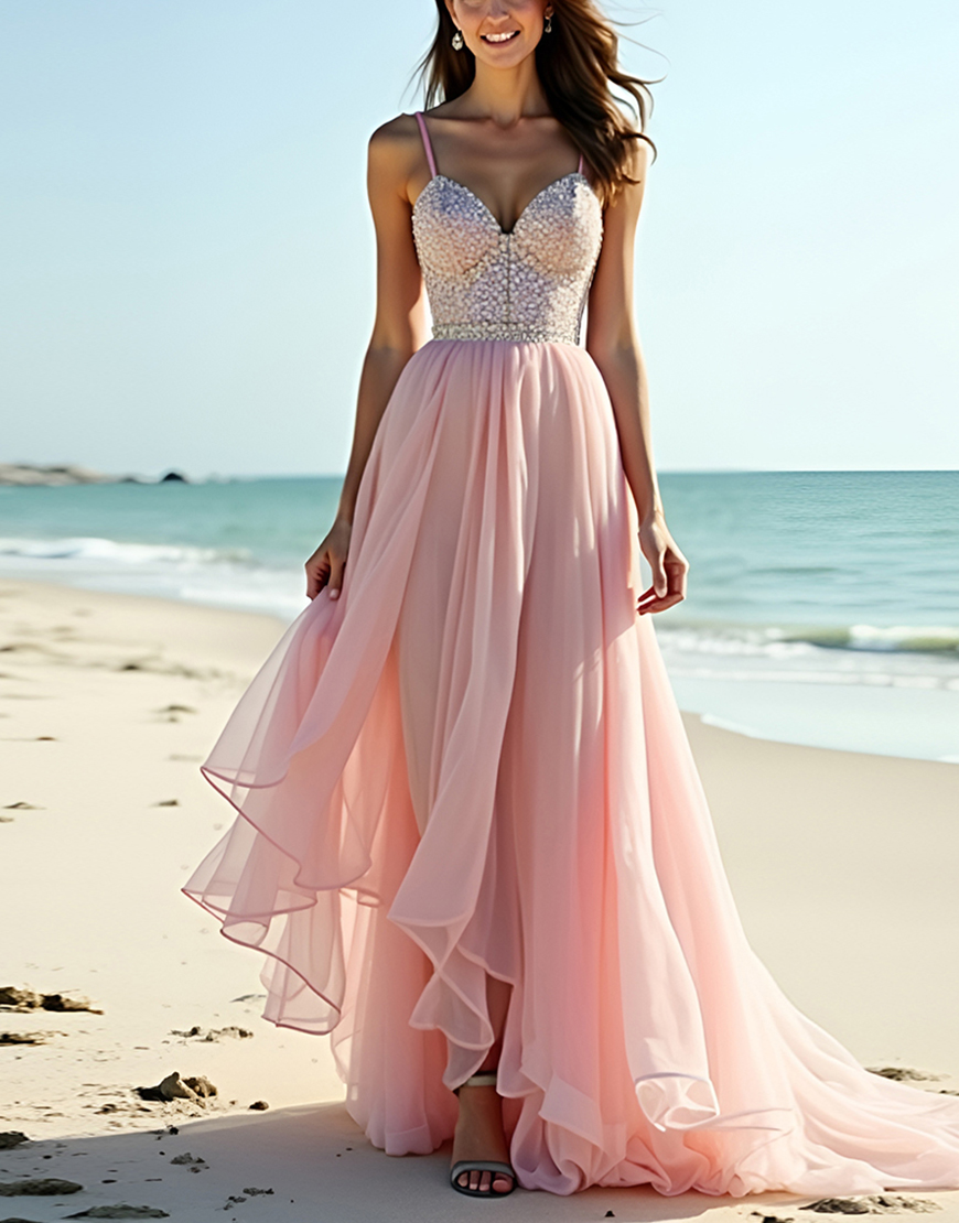 Sparkly A Line Blush Spaghetti Straps Beaded Long Tulle Wedding Guest Dress