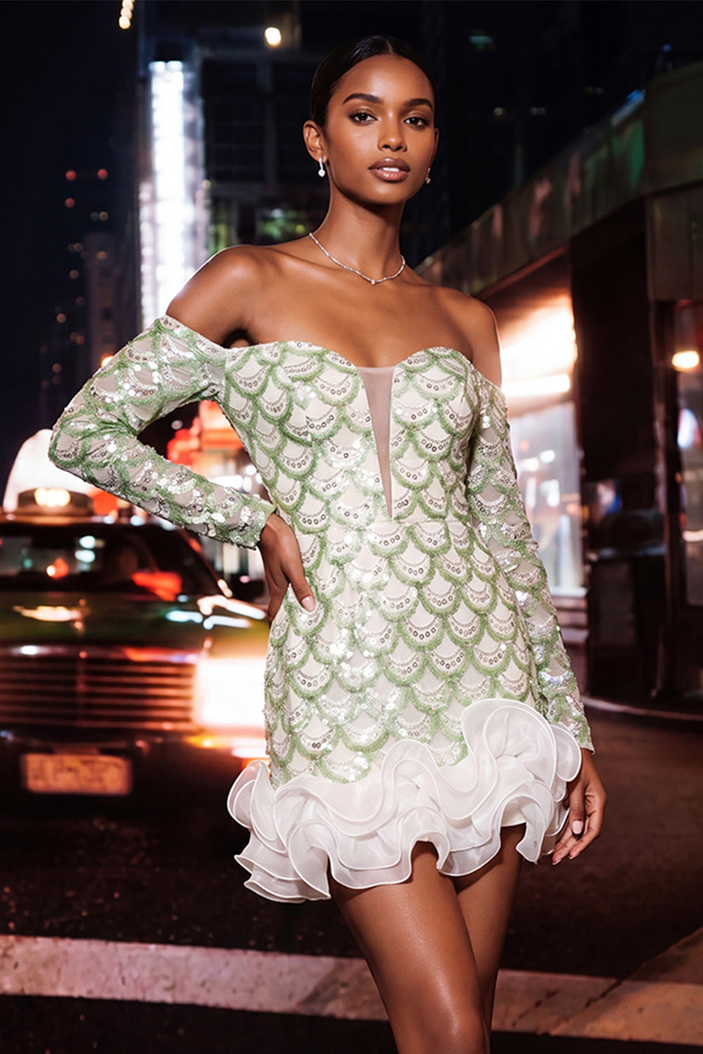Sparkly Long Sleeves Green Sequin Ruffled Tight Short Homecoming Dress