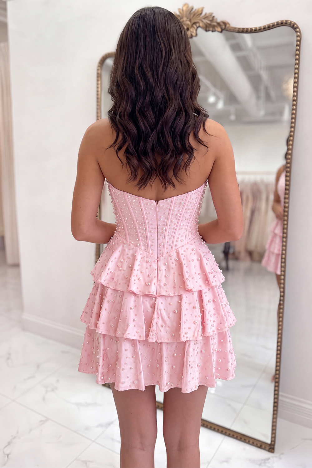 Corset A Line Sparkly Pink Ruffled Halter Strapless Homecoming Dress with Pearls
