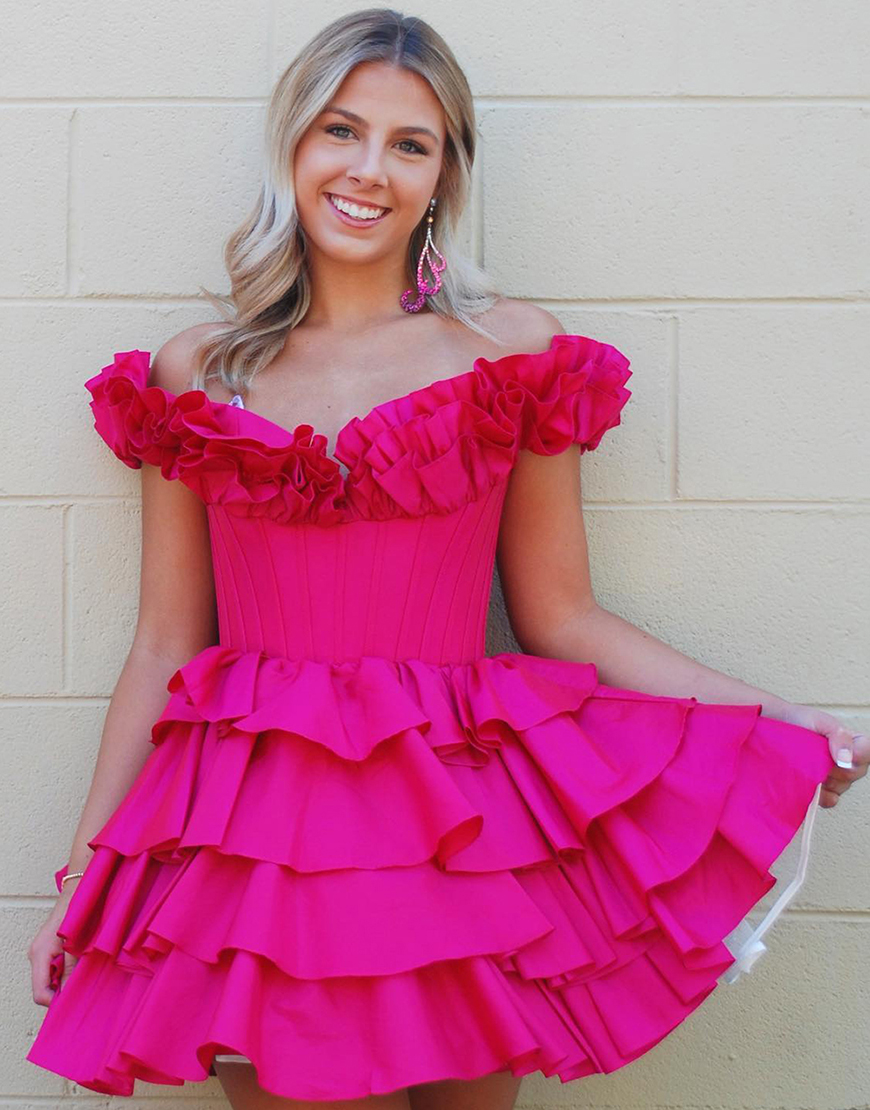 Yellow A-Line Ruffled Off-the-Shoulder Tiered Homecoming Dress 