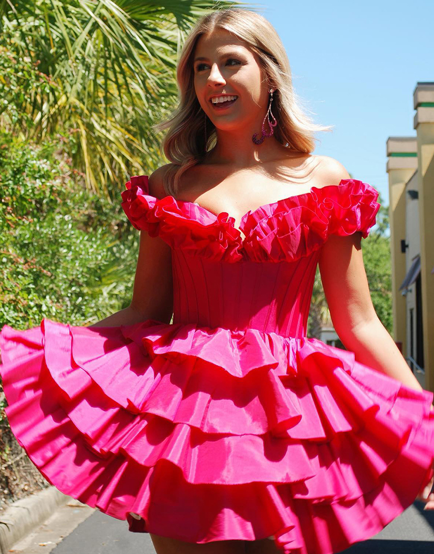 Yellow A-Line Ruffled Off-the-Shoulder Tiered Homecoming Dress 